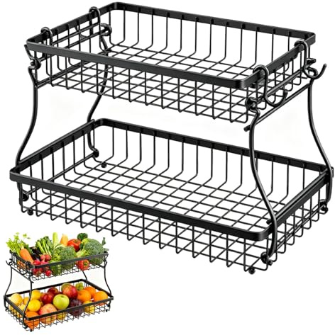 A fruits à 2 Etages, Corbeille à Fruits en Métal, avec Deux Crochets pour Bananes, Détachable, Convient pour Conserver les Légumes, les Fruits, le Pain et les Bouteilles de Condiments Dans la Cuisine