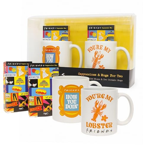 Blue Tree Mugs & Cappuccino Friends Gifts for Women - Two Cappuccino Sachets Mix 19g & Two 11oz Playful Ceramic Mugs. Friends TV Show Gifts for Stocking Fillers, Christmas Gift, for Movie Lovers