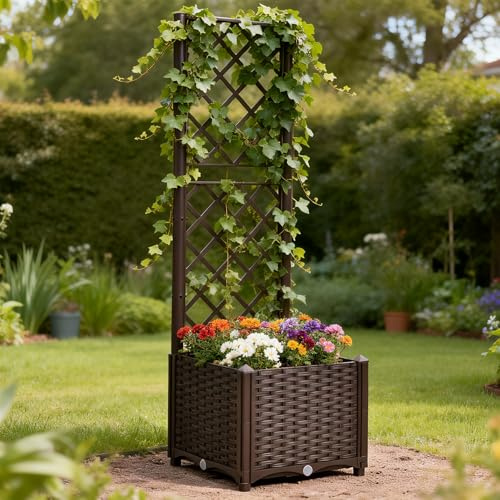 Mingone Blumenkasten mit Rankgitter, 40x40x136 cm, Rattan-Optik Braun | Wasserspeicher, Drainage, 40 cm tiefes Beet, selbstbewässernd für Kletterpflanzen, ideal für Balkon, Terrasse & Garten