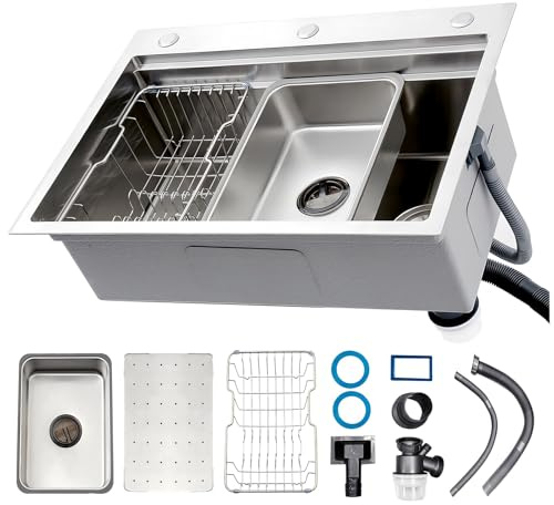 ZQFHSX Grand évier de Cuisine argenté, avec Tuyau d'évacuation, Plan de Travail en Acier Inoxydable, Poubelle Amovible, cuve Unique, pour Installation sur Plan ou sous Plan (A, 85 x 50 x