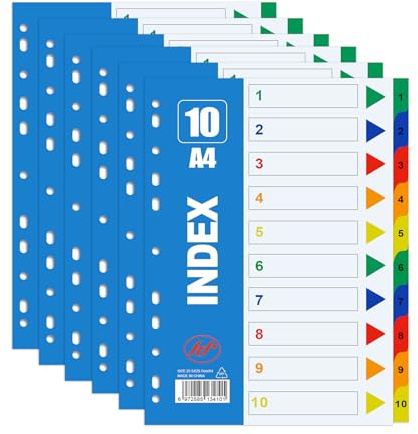 AMFUN 6er 1-10 Register Trennblätter für Ordner, Register für Ordner A4, Universal Lochung für alle Ordner, für Dokumente Büro Schule Archiv Organisation