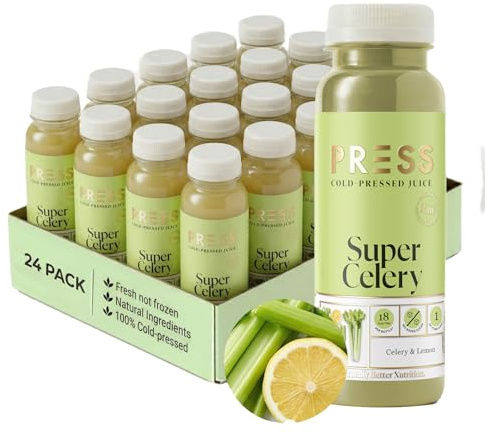 PRESS Healthfoods - Super Celery Juice 250ml (24 Pack) – Cold Pressed Pure Celery Juice with Spinach & Lemon, Low Calorie (18 kcal), Vegan, Hydrating Green Superfood Drink