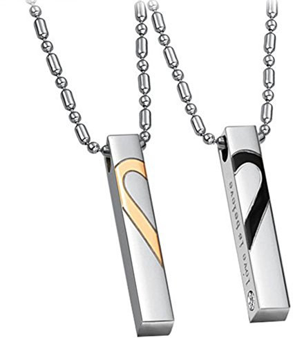 JewelryWe Fashion Stainless Steel Heart Jigsaw Couples Love Pendant Necklace Engraved Love is Believe - Silver Black Gold (One Pair)
