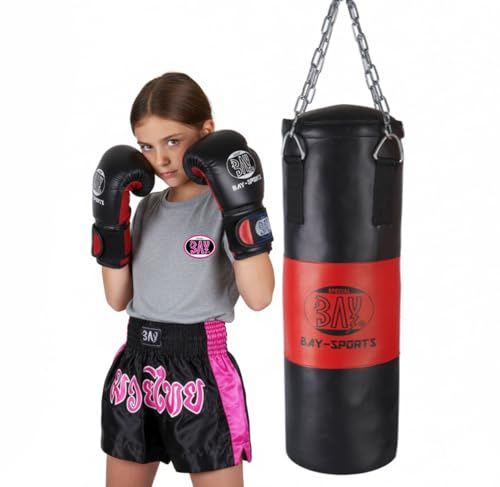 BAY Boxset für Damen, Junioren und Kinder, Boxsack 85 x 25 cm mit Stahlkette, 8 kg Gefüllt, PU-Leder Boxhandschuhe 6 UZ, Schwarz/Rot