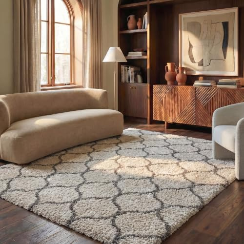 SAFAVIEH Hudson Shag Collection Area Rug - 6' x 9', Ivory & Grey, Moroccan Ogee Trellis Design, Non-Shedding & Easy Care, 2-inch Thick Ideal for High Traffic Areas in Living Room, Bedroom (SGH280A)
