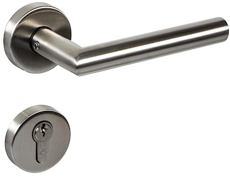 Gedotec Drückergarnitur Edelstahl matt gebürstet [PZ - Zylinder] 1x Tür Beschläge Rund-Rosette I Türgriffe Innentüren L-FORM I Türklinke für Türstärke 35 – 47 mm | Türbeschlag mit Befestigungsmaterial