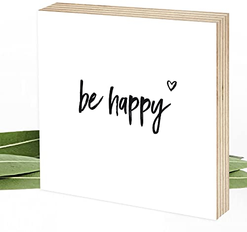 Wunderpixel® Holzbild be happy - 15x15x2cm zum Hinstellen/Aufhängen, echter Fotodruck mit Spruch auf Holz - schwarz-weißes Wand-Bild Aufsteller zur Dekoration oder Geschenk-Idee - sei glücklich!