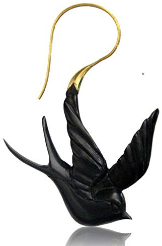 CHICNET Damen Herren Fake Piercing Hook Ohrring aus Holz und Brass in braun Gold als Schwalbe Spirale Flügel Schwalbe