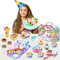 Koolbitz 115Pcs Colorful Tin Tea Party Set Including Metal Teapot, Saucers, Cups and Plates with Birthday Cake Toy & Candle with Light Music Unicorn Theme Washable Dishes For Children