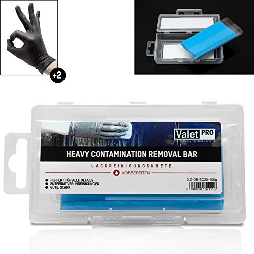 Detailmate ValetPRO Reinigunsknete - Lackreinigung - für hartnäcke Verschmutzungen - für glatte Oberfläche - Vorbereitung Polieren & Wachsen: Reinigunsknete blau heavy Clay - 100g + Schutzhandschuhe