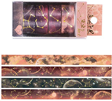 GLITZFAS 4er Set Washi Tape, Sternenhimmel Sternbild Masking Tape Klebebänder Set Dekoband für DIY Scrapbooking (Brauner Sternenhimmel)