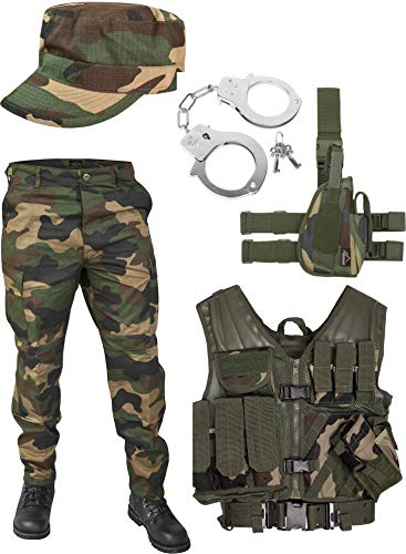 United States Marine Corps Kostüm Set bestehend aus Weste, Hose, Holster, Handschellen und Feldmütze Farbe Woodland Größe L