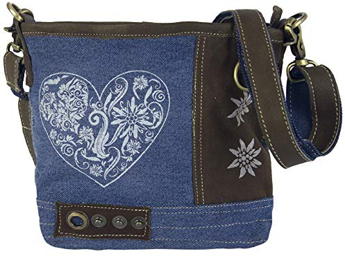 Domelo Trachtentasche. Kleine Oktoberfest Umhängetasche. Crossbody Bag mit Herz & Trachten Motiv. Damen nachhaltige Crossover Tasche aus recycelte Jeans als Dirndltasche