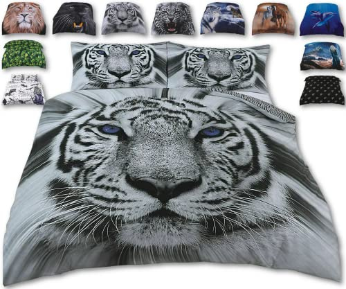 Rare White SNOW TIGER Bed Set – 3D Animal Printed KING Beddings Duvet Cover + 2 Matching Pillowcases - Premium Quality Print Design – Natural Cotton + Virgin Polyester (Tiger , King Size)