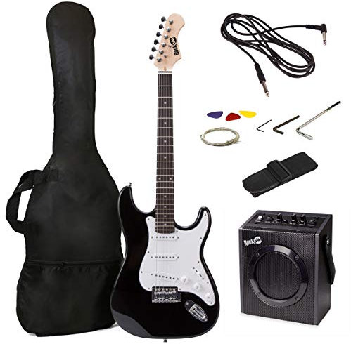 RockJam Electric Guitar Superkit with 10-watt Amp, Gig Bag, Picks & Online Lessons 6 String Pack, Right, Black, Full (RJEG03-SK-BK)