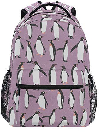 JUMBEAR Purple Penguin Kids Backpack Laptop Travel Middle School Students Canvas Bookbag Lightweight Business Waterproof Shoulder Daypack for Women Mens