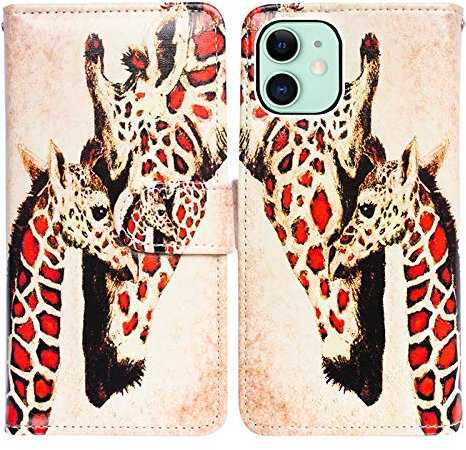 Bcov iPhone 13 Mini Case, Giraffe Mother Baby Leather Flip Phone Case Wallet Cover with Card Slot Holder Kickstand For iPhone 13 Mini