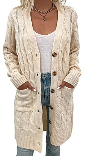 Beskie Women's Long Sleeve Cardigans Sweater Open Front Kimono Knitwear Loose Knitted Cardigan with Pockets Beige