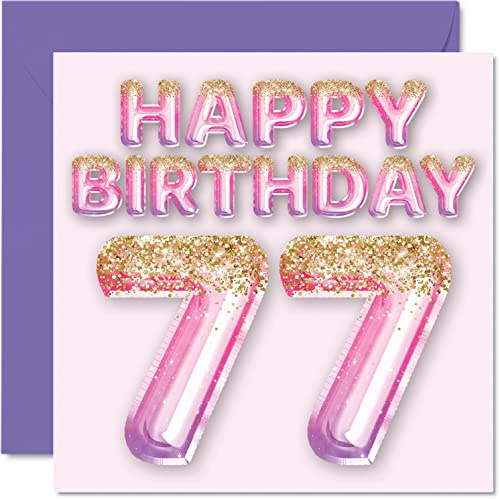77th Birthday Card for Women, Pink & Purple Glitter Balloons | Happy Birthday Cards for 77 Year Old Woman Mum Great Nanny Grandma Gran, 145mm Greeting Cards Gift