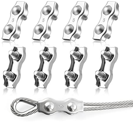LYCXAMES M5 Duplex, 8 morsetti per funi metalliche, morsetto per cavi in acciaio inox 304, 5 mm, corda metallica in acciaio, corda per biancheria, tenda fissa