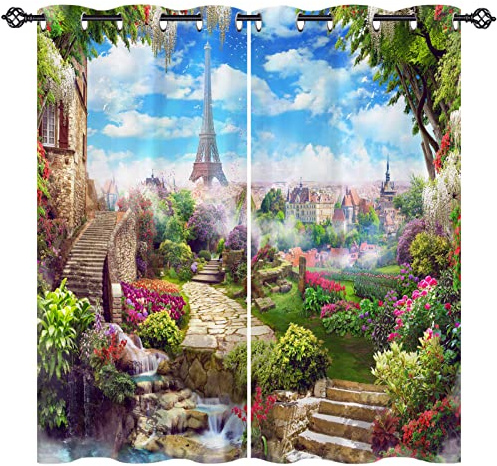 ANHOPE Paris Eiffelturm Stadt Garten Blickdichte Gardinen mit Ösen Thermo Vorhänge Weich Vorhang Blackout Curtain Wohnzimmer Schlafzimmer Verdunklungsvorhänge 2er Set H 160 x B 77 cm