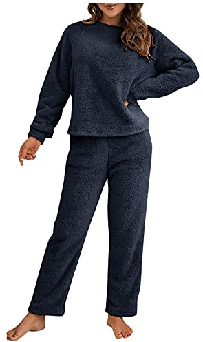 IQYU Tuta da Donna in Morbido Pile Teddy: Tuta da Allenamento, Jogging a Maniche Lunghe, Elegante e Confortevole per il Tempo Libero, Blu Scuro, M