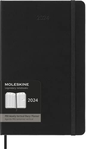 Moleskine Wochenplaner Vertikal Pro, 12 Monate 2024, Agenda 2024, Large 13x21, Hardcover mit Gummizugverschluss, Farbe Schwarz