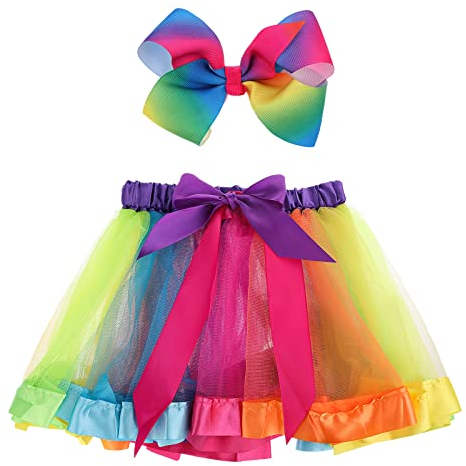 Mädchen Tüllrock Schleife Haarspangen Set Regenbogen Getäfeltes Tütü Retro Kinder Tüll Rock für Halloween Schule Party Urlaub Feier