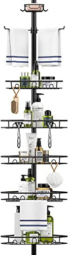 Mutool 5 Tier Adjustable Corner Shower Shelf, Telescopic Shower Caddy with Soap and Towel rack, No Drilling Bathroom Storage Organizer for Shampoo Accessories, Available for 137-290 cm Height, Black