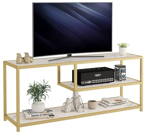 Function Home TV Stand for TVs up to 55 Inch, 3 Tier Entertainment Center, Media Console with Open Storage Shelves for Living Room Bedroom, 47” Modern TV Table with Faux Marble Top Gold Metal Leg