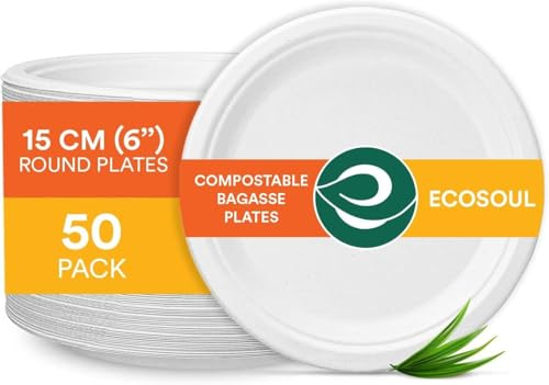 ECO SOUL Small Paper Plate (15Cm) 6 Disposable Plates-White(50-Pack) | Bagasse Plates, Plastic-free & compostable, Microwave & freezer safe, Leak-resistant strength, Eco Friendly biodegradable