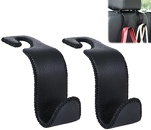 Amooca Car Seat Headrest Hook Universal Vehicle Storage Hanger Leather with Metal Car Seat Back Organizer for Handbag Purse Coat Black 2 Pack