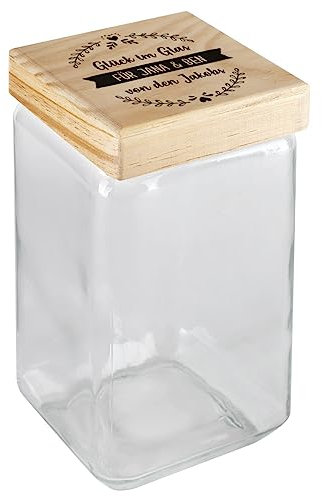Herz & Heim® Vorratsglas mit Holzdeckel inkl. individuellem Aufdruck 3 Wunschzeilen, 11 cm x 11 cm x 22,5 cm (B/T/H)