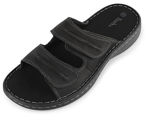 TIESTRA Mens Slide Sandal Summer Beach Indoor and Outdoor Anti-skidding Slide Slippers with Two Adjustable Leather Straps Blcak EU47 /UK13