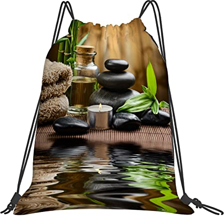 DELURA Rucksack mit Kordelzug,Absorbierende grüne Massage-Zen-Basaltsteine und Spa Yuki Ayurveda,Kordelzug-Sackpack für Sport, Yoga, Reisen, Cinch-Tasche mit Reißverschlusstasche