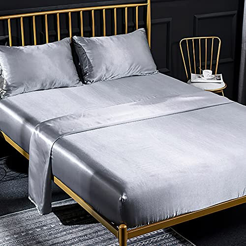 4 Pezzi Completo Lenzuolo Letto Una Piazza e Mezza, 1 x Lenzuola Sotto con Angoli Tinta Unita 160x200 cm con 1 x Lenzuolo Piatto e 2 x Federe, Biancheria da Letto in Raso, Argento