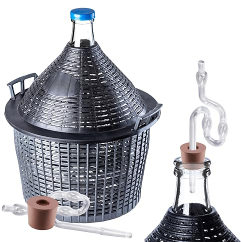 KADAX Lot de ballons en verre de 54 l, avec panier en plastique et accessoires de fermentation, bouchons en caoutchouc, tubes de fermentation, ouverture étroite, ballon à vin, bouteille, bouteille en