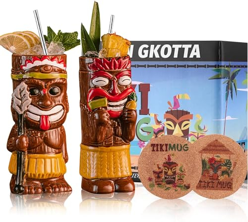 SUN GKOTTA Gift-Set Tiki Mugs for Cocktail Set of 2 - Ceramic Tiki Cups,Tiki Glasses Cute Exotic Cocktail Glasses, For Hawaiian Party And Tiki Bar, TKCO0028