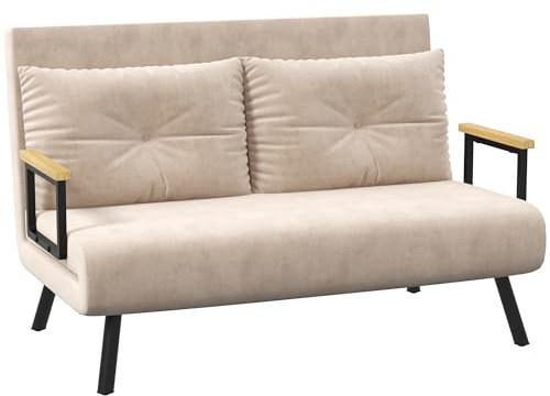 HOMCOM Sofá Cama de 2 Plazas Sofá Cama Plegable Tapizado en Terciopelo con Respaldo Ajustable de 5 Niveles y Almohadas Acolchadas para Oficina Dormitorio Salón 102x73x81 cm Beige
