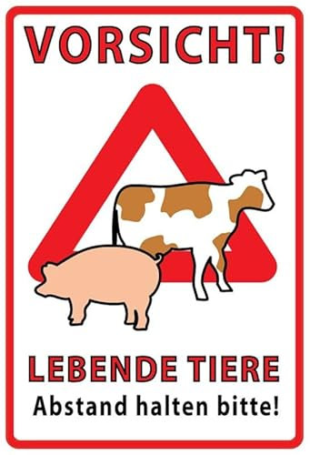 mrdeco Metall Schild 12x18cm gewölbt Vorsicht lebende Tiere Bitte Abstand halten Blechschild