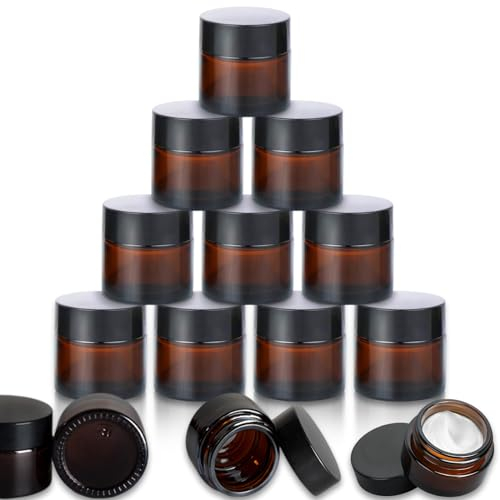 Fanchu 10 Stück Creme Behälter, Amber Glas Leer Cremetiegel, 10ml Cremedosen zum Befüllen Glasbehälter mit Deckel und Liner für Kosmetik Cremes Lotionen ätherische Öle