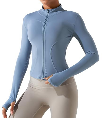 CALIYO Laufjacke Damen, Sportjacke ReißVerschluss Sport Jacke Damen Fitness Kuschelig und Weich Oberteil Langarm Shirt Gym Yoga Tops, Blau, M