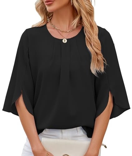 HANERDUN Camisa Mujer Manga 3/4 Túnica Plisada Cuello Redondo Casual