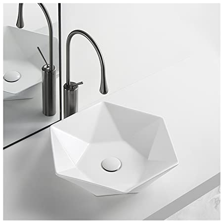 WAOCEO Badezimmerspüle Badezimmer-Waschbecken, weißes Keramikporzellan, Sechseck-Waschbecken, kleines Waschbecken über der Theke, mit Pop-up-Ablauf und Wasserhahn Wendewaschtisch