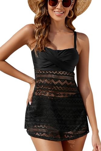 Viloree Femme Maillots de Bain 2 pièces Evidé Grande Taille Conservateur Ventre Plat Tankini Set avec Short de Bain Noir 3XL