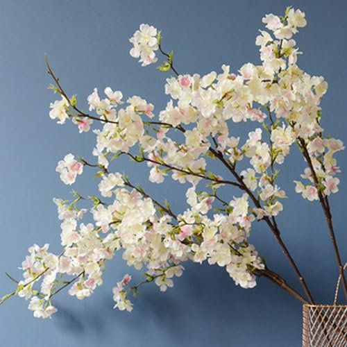 OUKEYI Rami di ciliegio artificiali da 106 cm, fiori di ciliegio artificiali, in seta, steli alti per casa, matrimonio, tavolo, vaso, decorazione (4 pezzi, bianco)