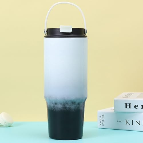 Disoza Thermobecher 30 oz Trinkbecher mit Deckel und Strohhalm Schwarz-Weiß Trinkflasche mit Strohhalm Edelstahl Tumbler Wasserflasche mit Henkel 900 ML Kaffeebecher To Go Coffee Becher mit Strohhalm
