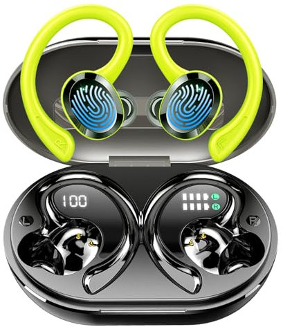 Wireless Earbuds, 48H Bluetooth 5.3 Headphones Sports with ENC Mic, HiFi Stereo Noise Cancelling Ear Buds, Wireless Headphones with Earhooks, IP7 Waterproof Bluetooth Earphones for Running Gym, Green