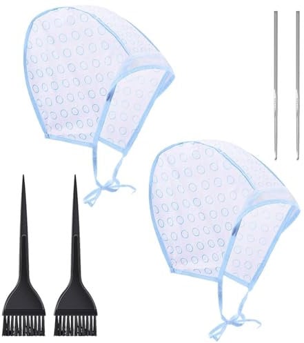 SULIVES Hair Coloring Highlighting Cap - 2 Pack Disposable Tipping Frosting Caps with Hooks and Coloring Brush for Salon and Home Hair Dye