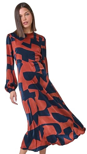 Roman Originals Geometric Print Midi Dress for Women UK - Ladies Everyday Autumn Winter Round Neckline Comfy Soft Evening Vacation Work Party Night Out - Rust - Size 18